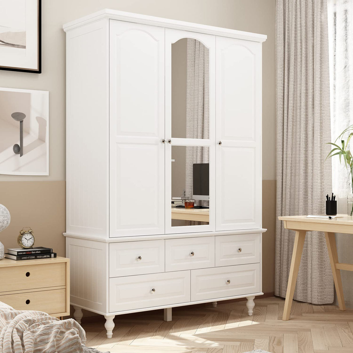 Homsee Wardrobe Armoire Wooden Closet with Mirror, 3 Doors, 5 Drawers, 4-Tier Storage Cubes and Hanging Rod for Bedroom, White (47.2”L x 20”W x 70.9”H) Homsee
