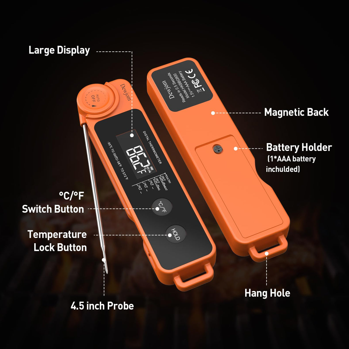 0.5 Sec Instant Read Meat Thermometer for Cooking, Ultra-Fast Digital Food Thermometer with Backlight, ±0.5°F Accuracy, IP67 Waterproof,Auto-Rotate/On/Off–Perfect for Grilling, BBQ, Smoker-Tangerine Dewjom