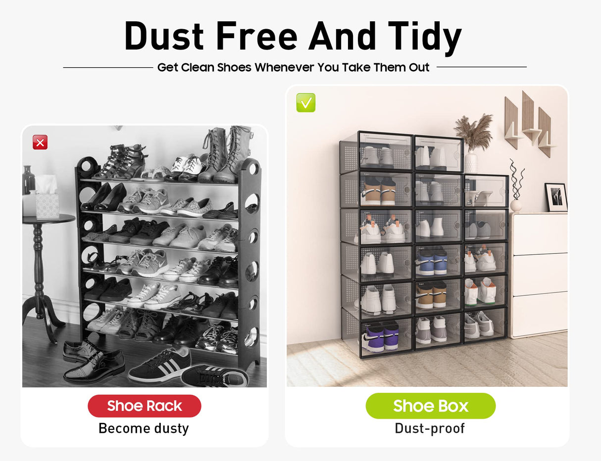 Kuject X-Large Shoe Storage Boxes Organizers Clear Plastic Stackable 12 Pack, Shoe Rack & Holder Substitute, Sneaker Containers, Toy Storage Organizer Bins for Entryway, Closet, Under Bed, Black Kuject