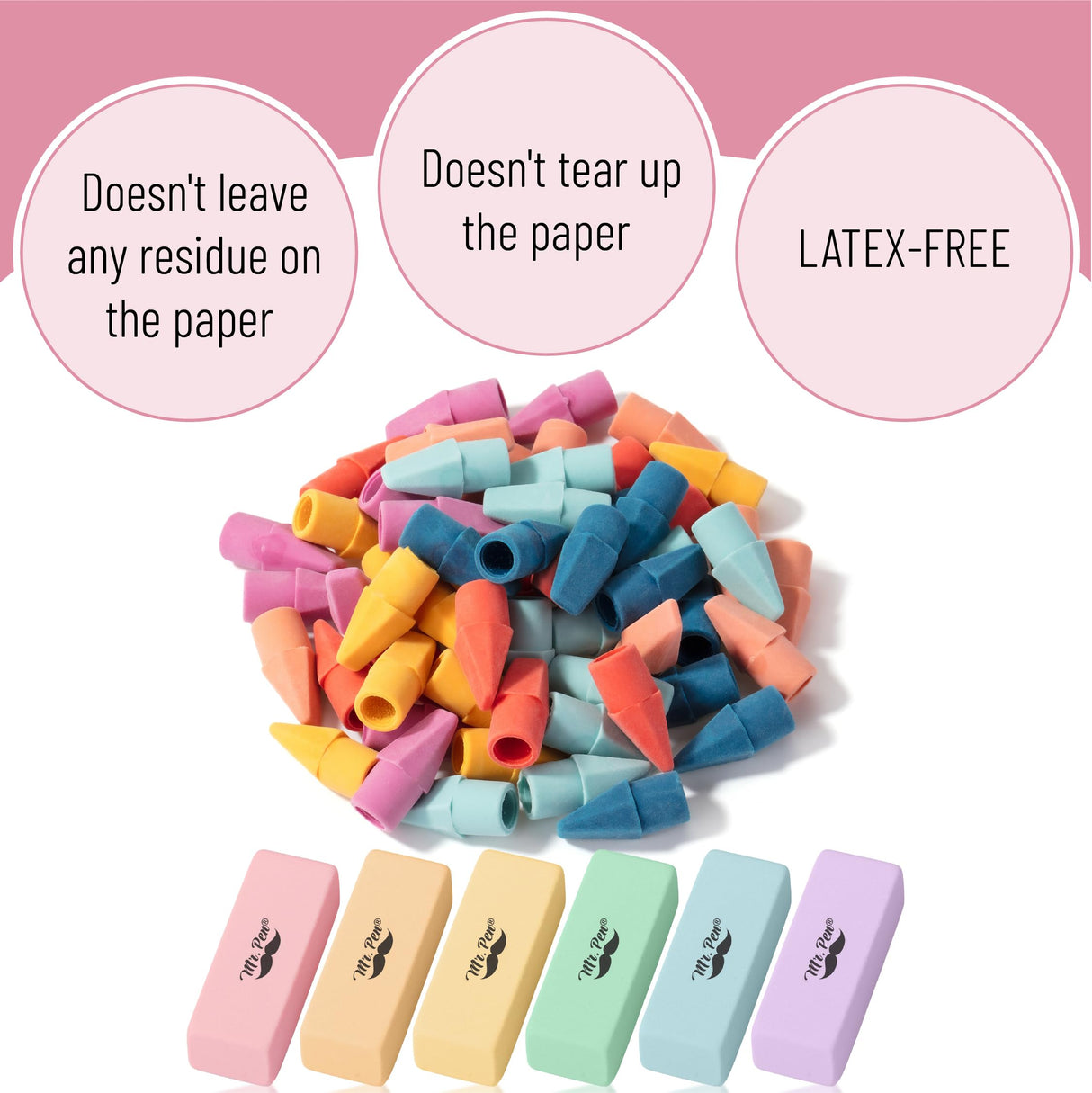 Mr. Pen- Pencil Erasers Set, 66 Pack, 6 pc Hand-Held(Pastel Colors) & 60 pc Pencil Top Erasers(Twilight Colors), Latex-Free, No Smudge & No Paper Tear Mr. Pen