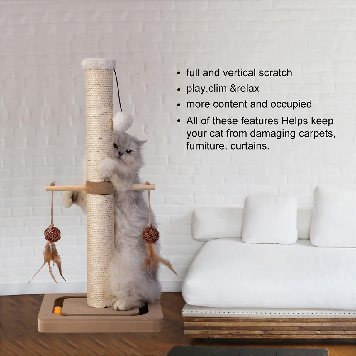 PEEKAB Cat Scratching Post Premium Sisal Scratch Posts with Tracking Interactive Toys Vertical Scratcher for Indoor Cats and Kittens- 25 inches Beige PEEKAB