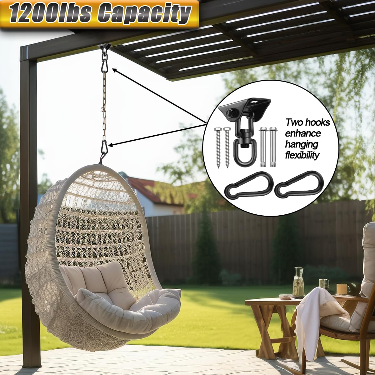 Hammock Hanging Kit, Hanging Chair Hardware 360° Swivel 1200 lb Capacity, Porch Swing Mounting Hardware, Hammock Chair Hanging Kit for Boxing Bag, Tree Gym (Black) Gelury