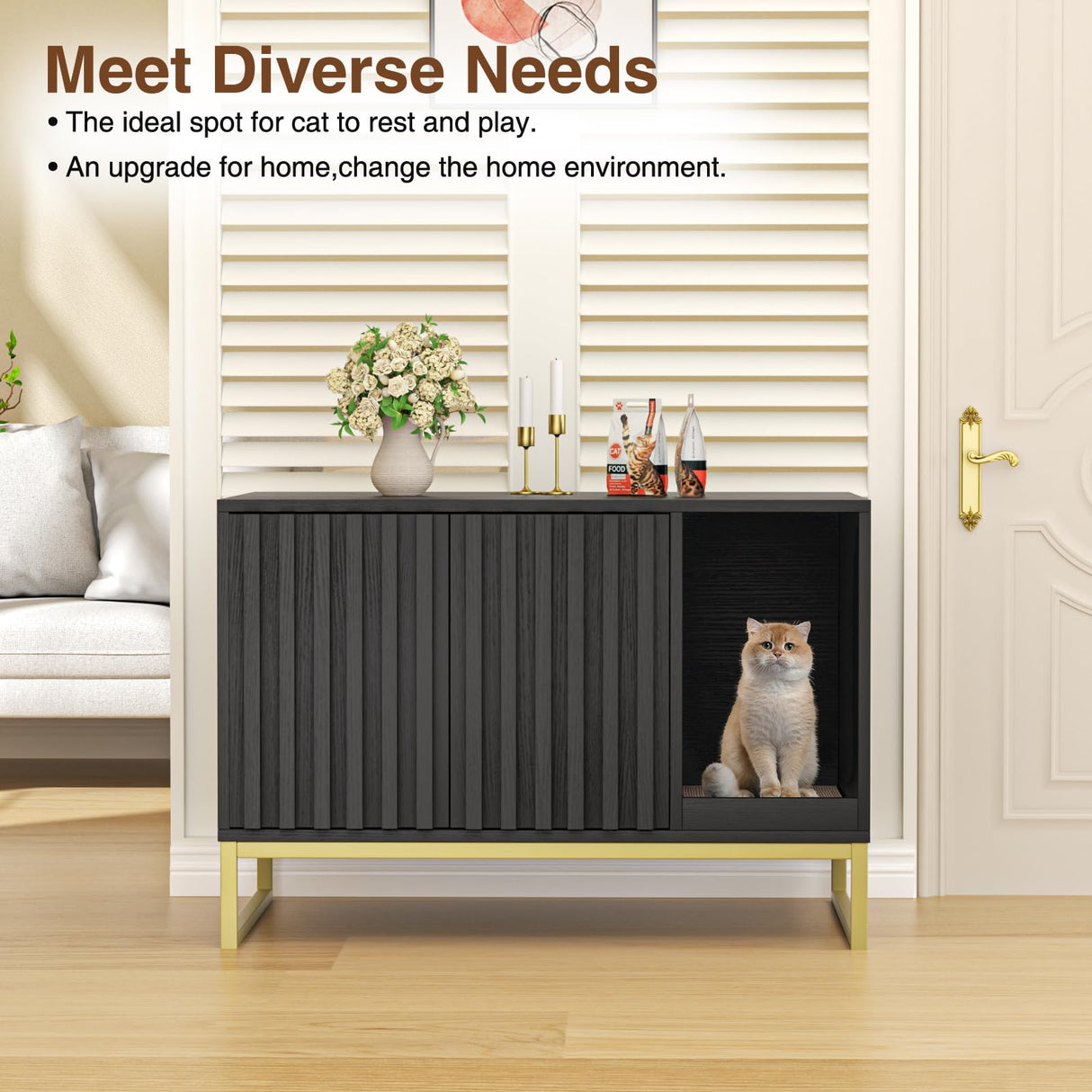 Halitaa Litter Box Enclosure, Modern Cat Litter Box Furniture Hidden Litter Box with Scratch Pad, Cat Washroom House End Table, Entryway Bench for Livingroom (Black) Halitaa