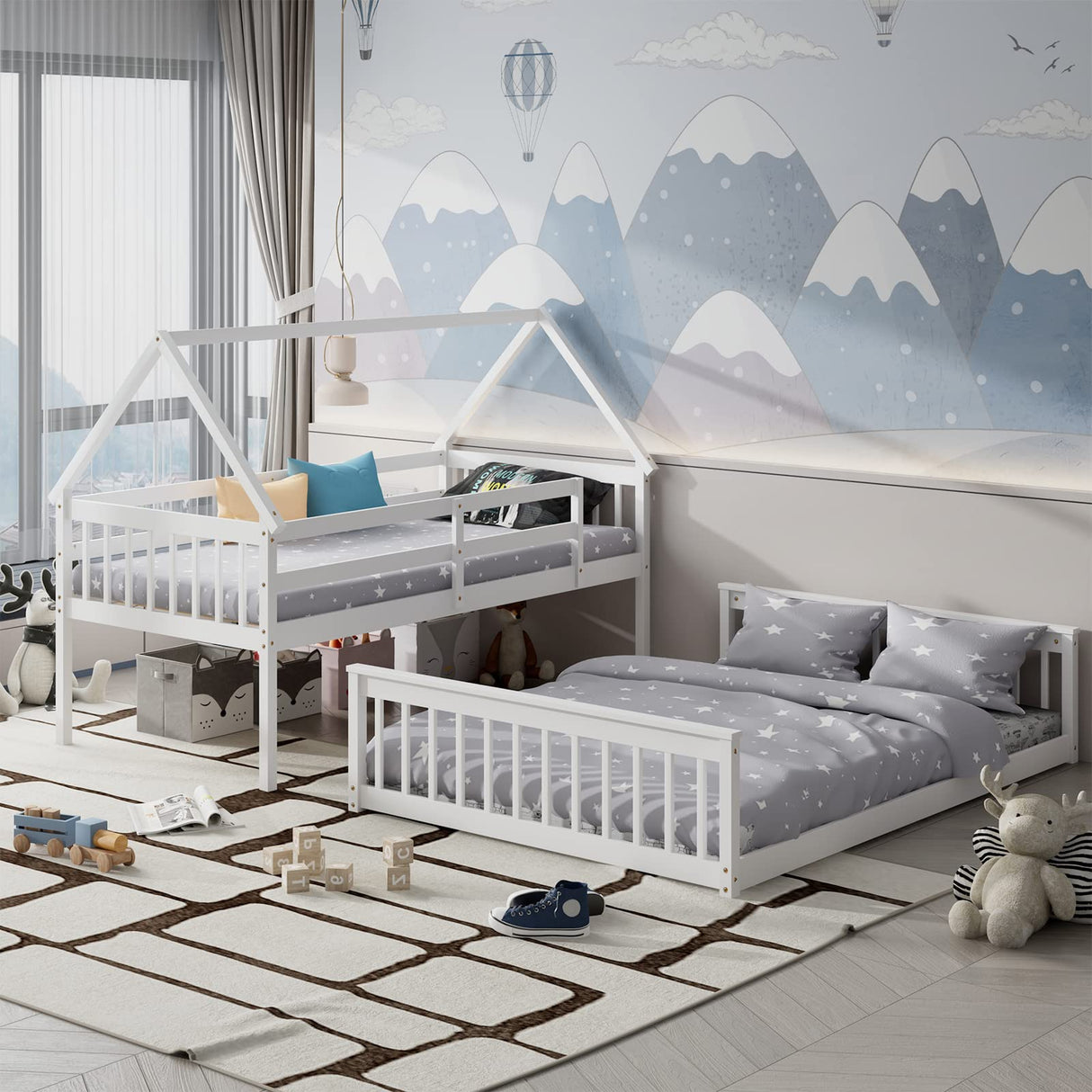 Giantex Twin Over Full Solid Wood House Bunk Bed with Safety Guardrails & Integrated Ladder - Convertible Design in White Giantex