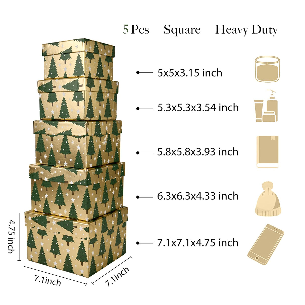PAPER FAIR 5PCS Christmas Nesting Gift Boxes Set, Gold Foil Green Xmas Tree Flat Square Cardboard Nested Box with Lid, for Gift Wrapping Holiday Present Birthday, Assorted Size PAPER FAIR