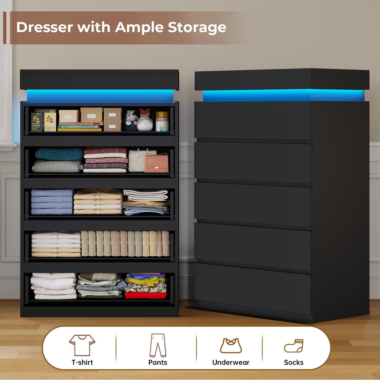 HAUOMS Tall 5 Drawer Dresser with LED Light, Black Modern Chest of Drawers for Bedroom,Closet Dressers with Drawers for Living Room, Entryway, Hallway HAUOMS