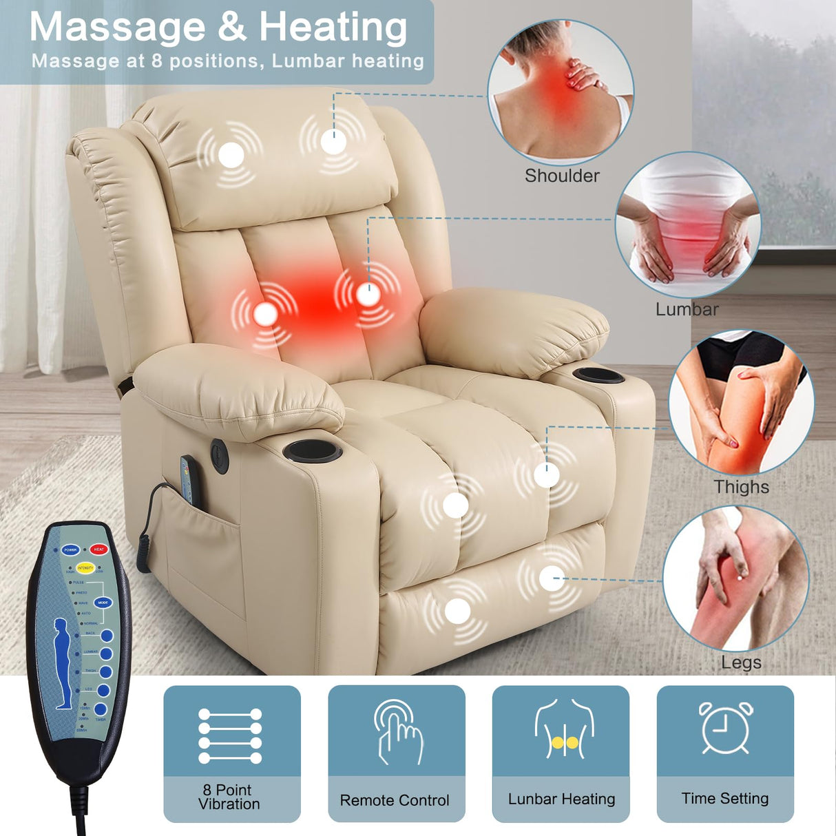 PARKOL Power Lift Recliner Chair for Elderly Breathable Leather Recliner Chair with Massage and Heat,2 Cup Holders,Electric Stand Assist,USB Ports,Gifts for Family (Beige) PARKOL