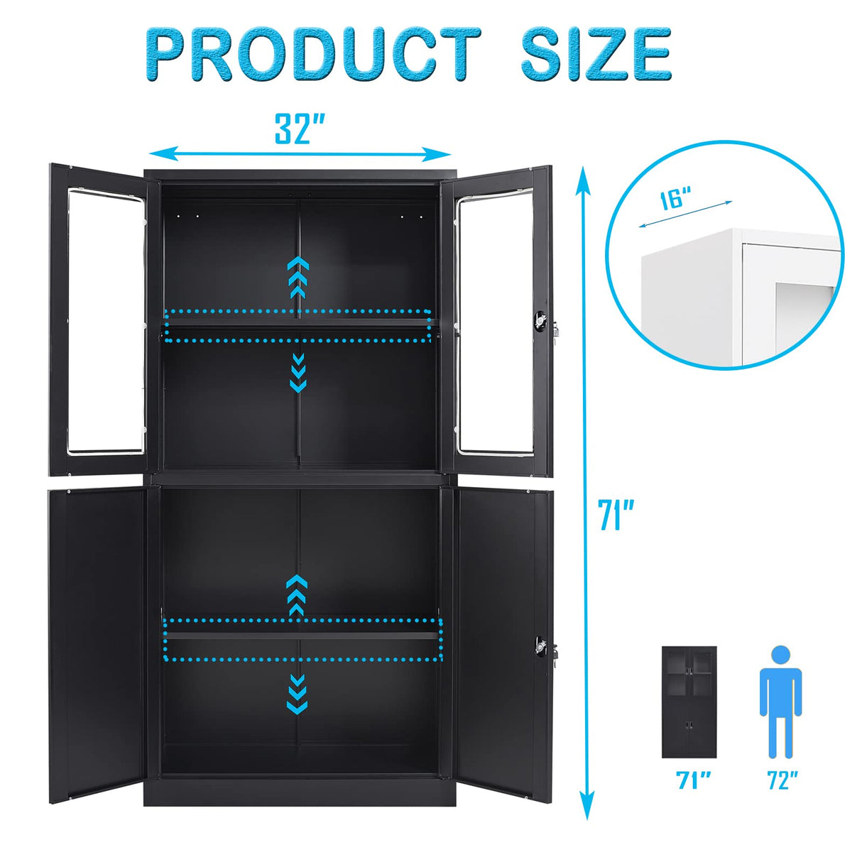 Letaya Storage Cabinet with Doors and Shelves,71" Steel Locker Acrylic Glass Door with Lock, for School Home Office Letaya