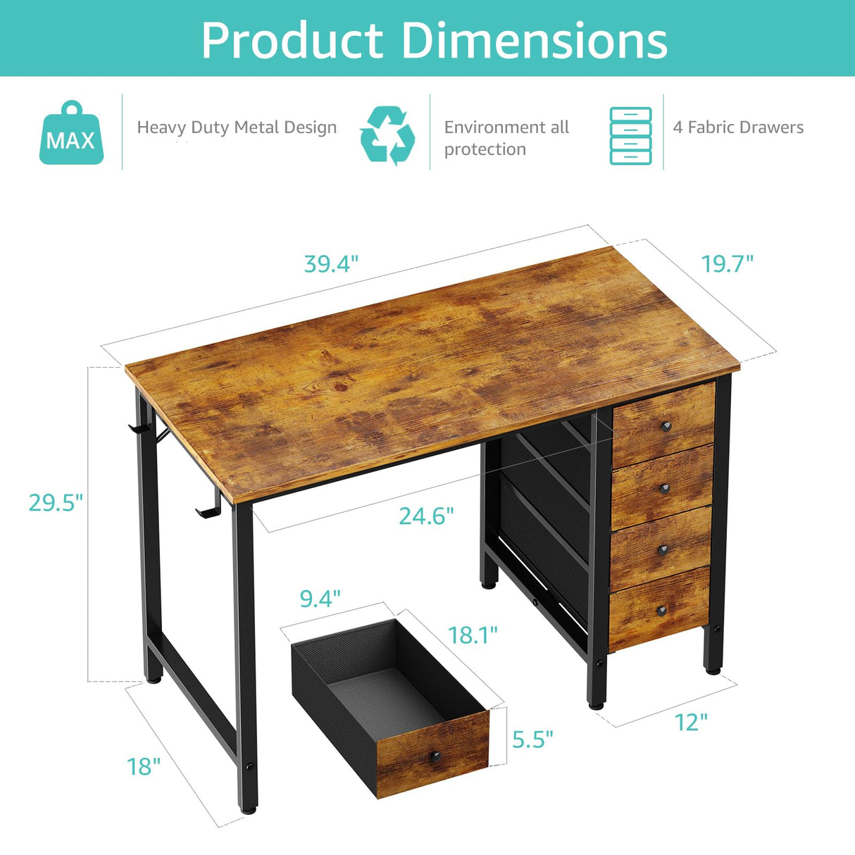 Lufeiya 40 inch Computer Desk with 4 Drawers, Kids Student Small Desks for Home Office Small Space, Work PC Desk Table for Bedroom, Rustic Brown Lufeiya