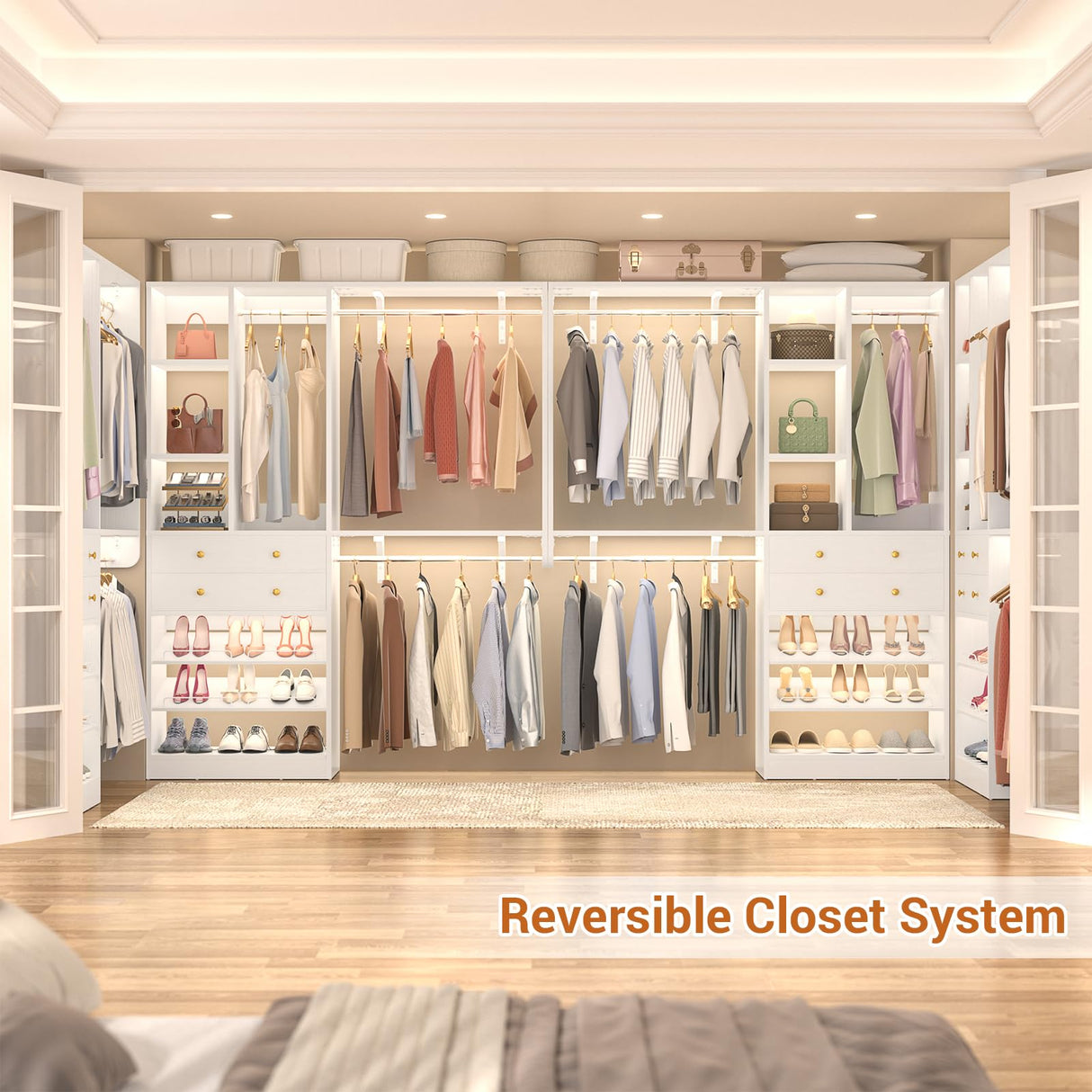 Besiost Closet System - 5FT Small Closet System with Drawers, 60" Closet Organizer System with Reversible Hanging Shelving, Closet Systems for Small/Walk-in Closets, White Besiost