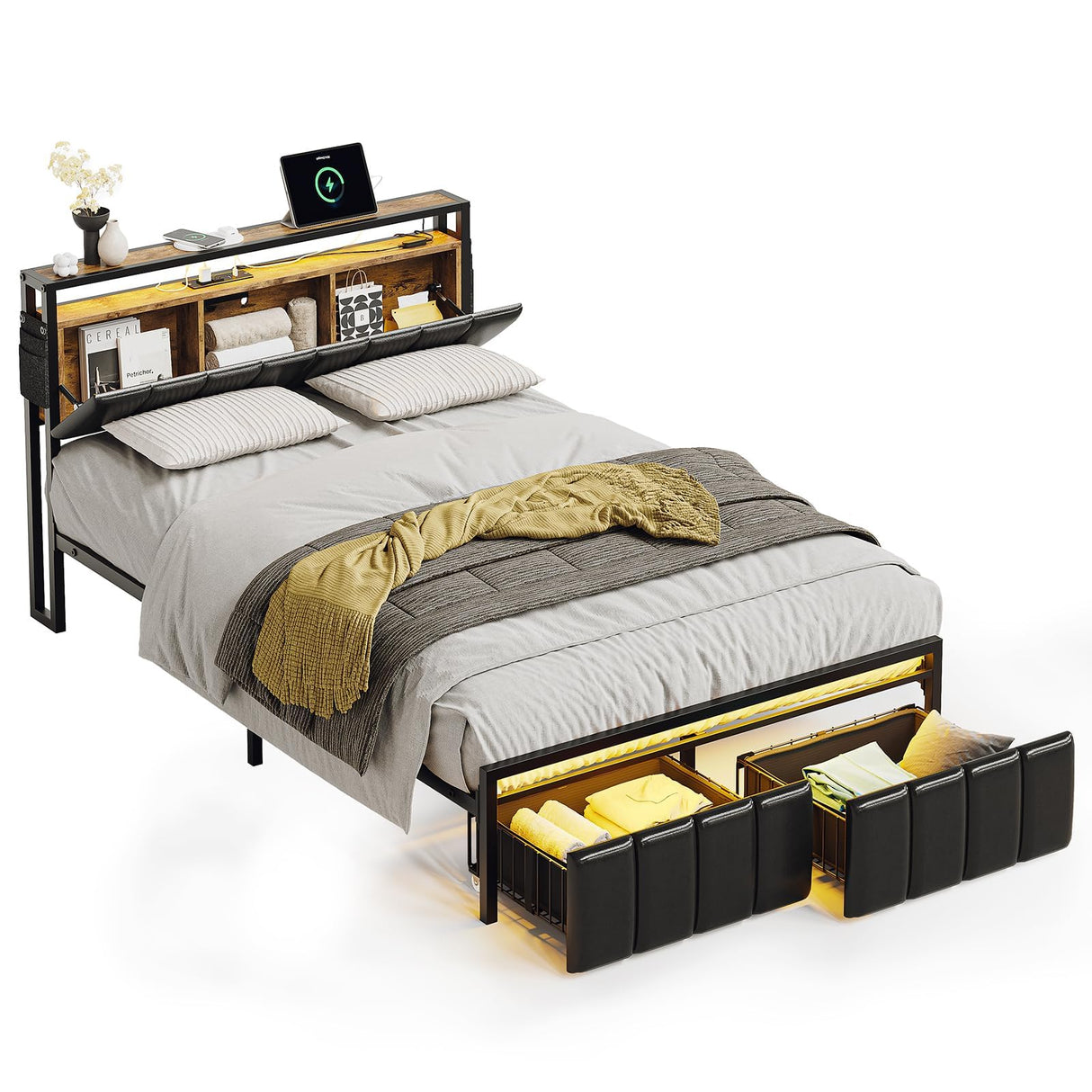 Bestier Rustic Brown Full Bed Frame with Hidden Storage Headboard and LED Lights Bestier