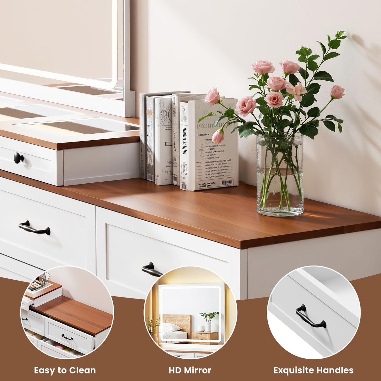 Mixcous Vanity Desk with Mirror and Lights, Vanity Dresser Combo, Farmhouse Makeup Vanity with 9 Drawers, Glass Top Corner Vanity Dressing Table, Extendable Big Dressing Table Set for Bedroom, White Mixcous