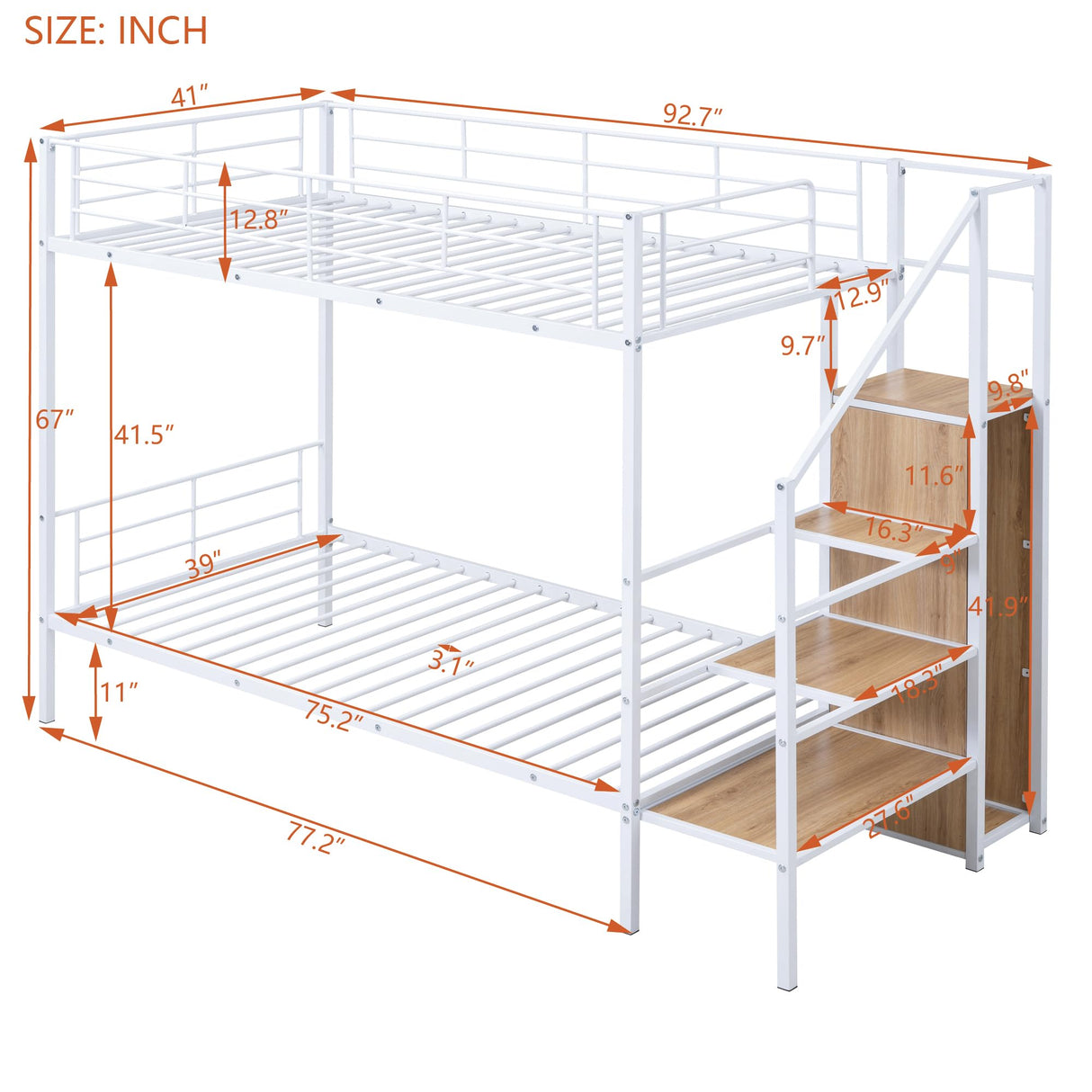 Harper & Bright Designs Metal Bunk Bed with Stairs and Wardrobe, Twin Over Twin Bunk Bed Frame with Storage Ladder, for Kids Teens Adults, White Harper & Bright Designs
