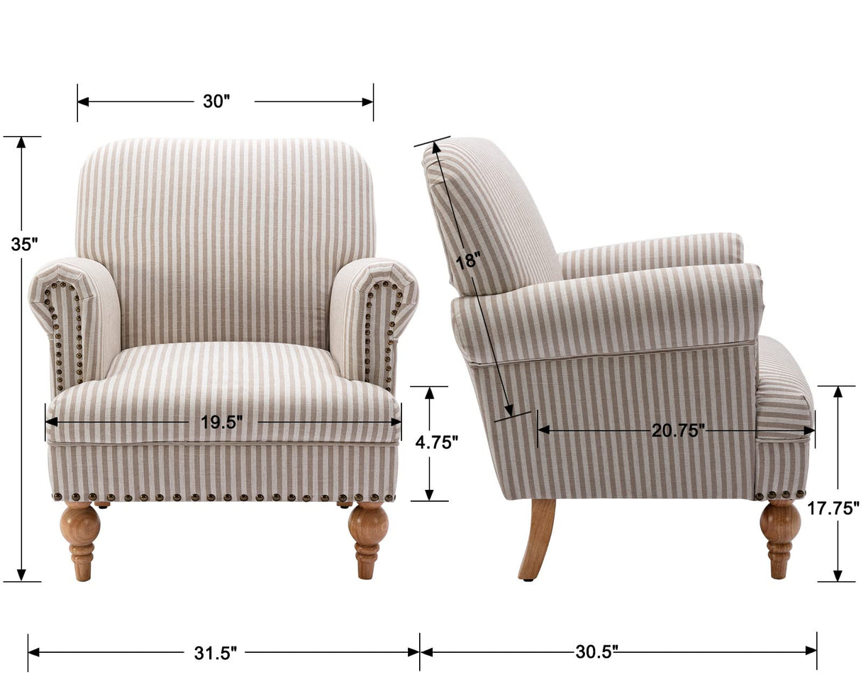 DM-Furnitue Wide Armchair Modern Linen Accent Chair Comfy Reading Chairs Upholstered Lounge Chair Single Sofa Couch for Bedroom/Living Room, Beige with Stripe DM Furniture