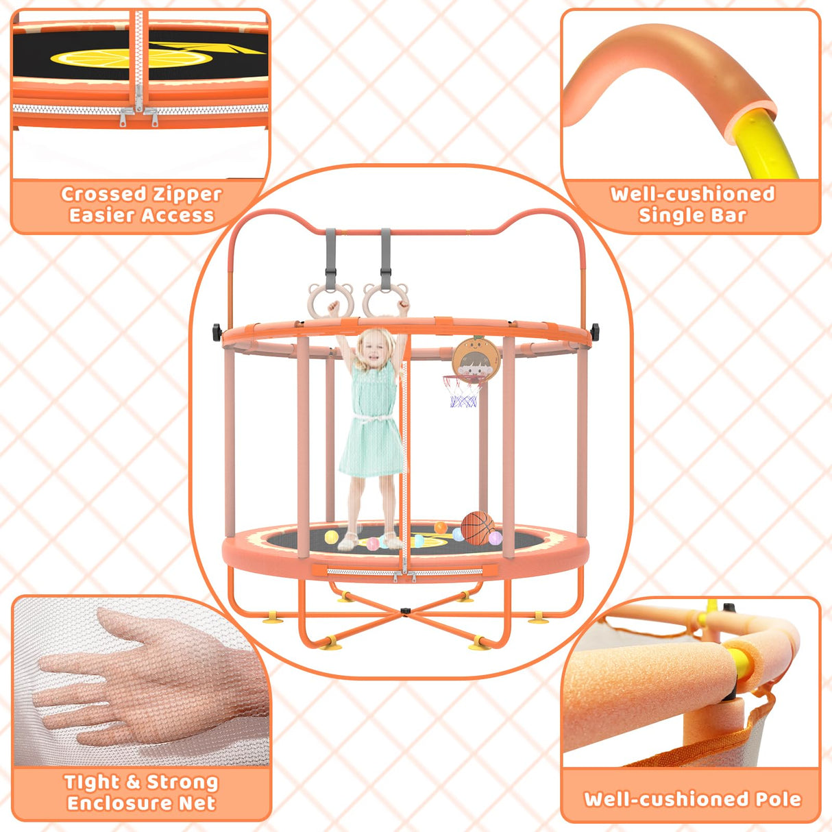 Gardenature 5ft/60'' Toddler Trampoline,Kids Trampoline Indoor&Outdoor for Ages 1-6,Mini Trampolines for Kids with Adjustable Gym Bar,Small Trampolines with Enclosure,Gift for Boys&Girls,Orange Gardenature