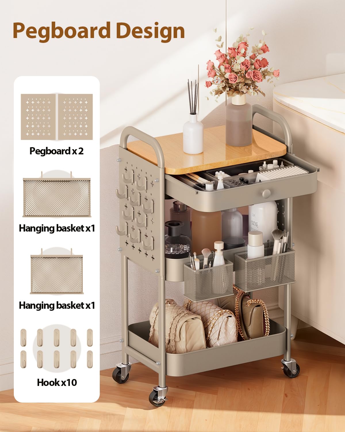 ALVOROG Rolling Cart with Drawer and Wood Table Top, 3 Tier Metal Rolling Utility Cart on Wheels with DIY Pegboards, Hanging Baskets, Hooks for Kitchen, Bedroom, Office, Craft Supplies ALVOROG