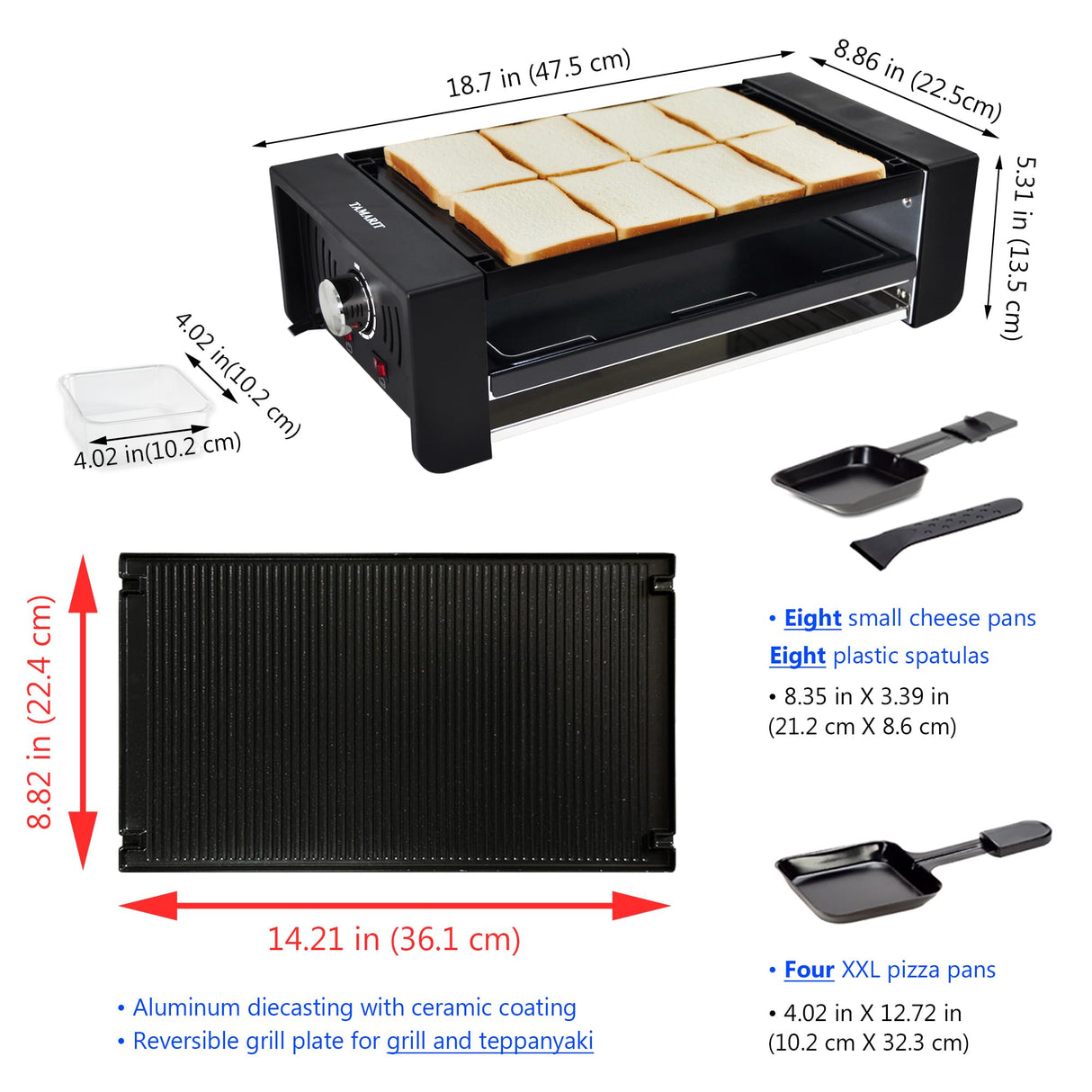 TAMARIT Raclette Party Grill Portable Indoor Electric Korean BBQ Grill 2 in 1 Raclette Table Grill with Ceramic Nonstick Coating Grill Plate 4 Pizza Pans 8 Cheese Trays Upper & Lower Heater,PFAS-No Tamarit