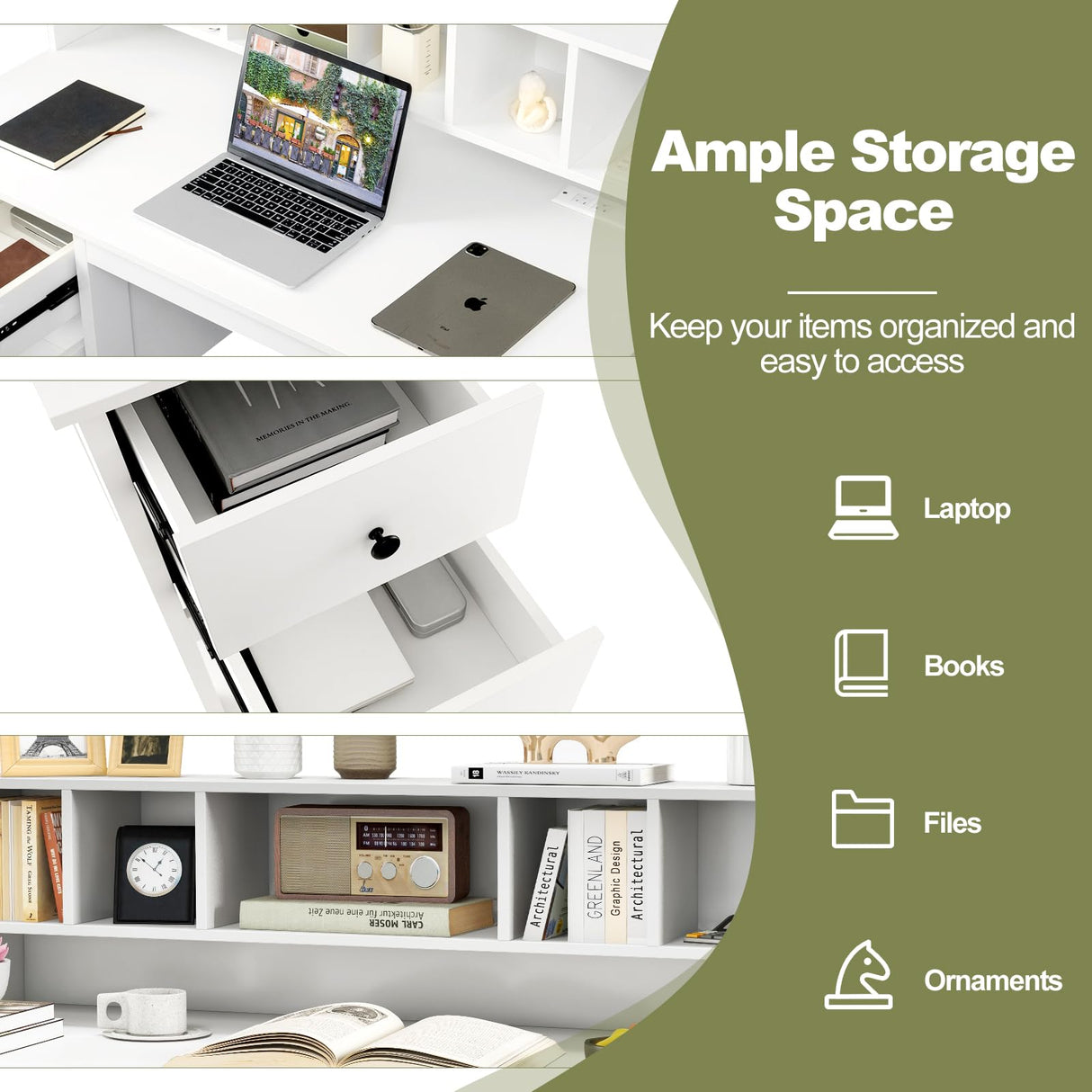 Giantex White Desk with Drawers & Hutch, Home Office Desk with Charging Station, 5 Storage Cubbies, Makeup Vanity Table, Modern Study Writing Desk, PC Laptop Desks, Computer Workstation for Bedroom Giantex