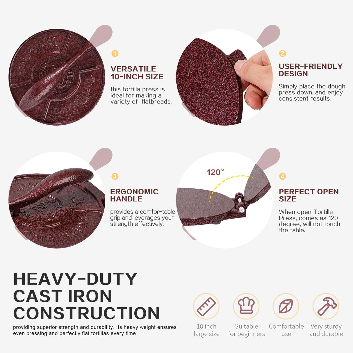 Vivicreate Cast Iron Tortilla Press 8 Inch, Tortilla Maker, Quesadilla Maker, Non-slip Design (Brown flower) vivicreate