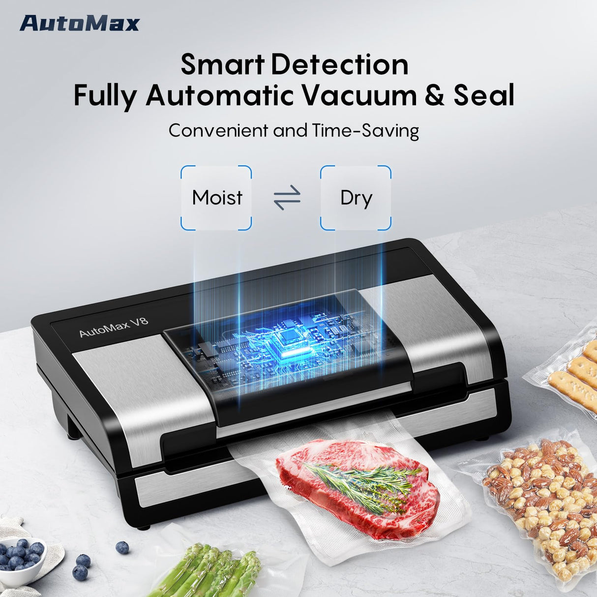 Fully Automatic Vacuum Sealer-Effortless Operation, 95Kpa Powerful Food Vacuum Sealer Machine with 2 Rolls Bags, Dry & Wet/Bag Cutter/External Vacuum, Silver Black FRESKO