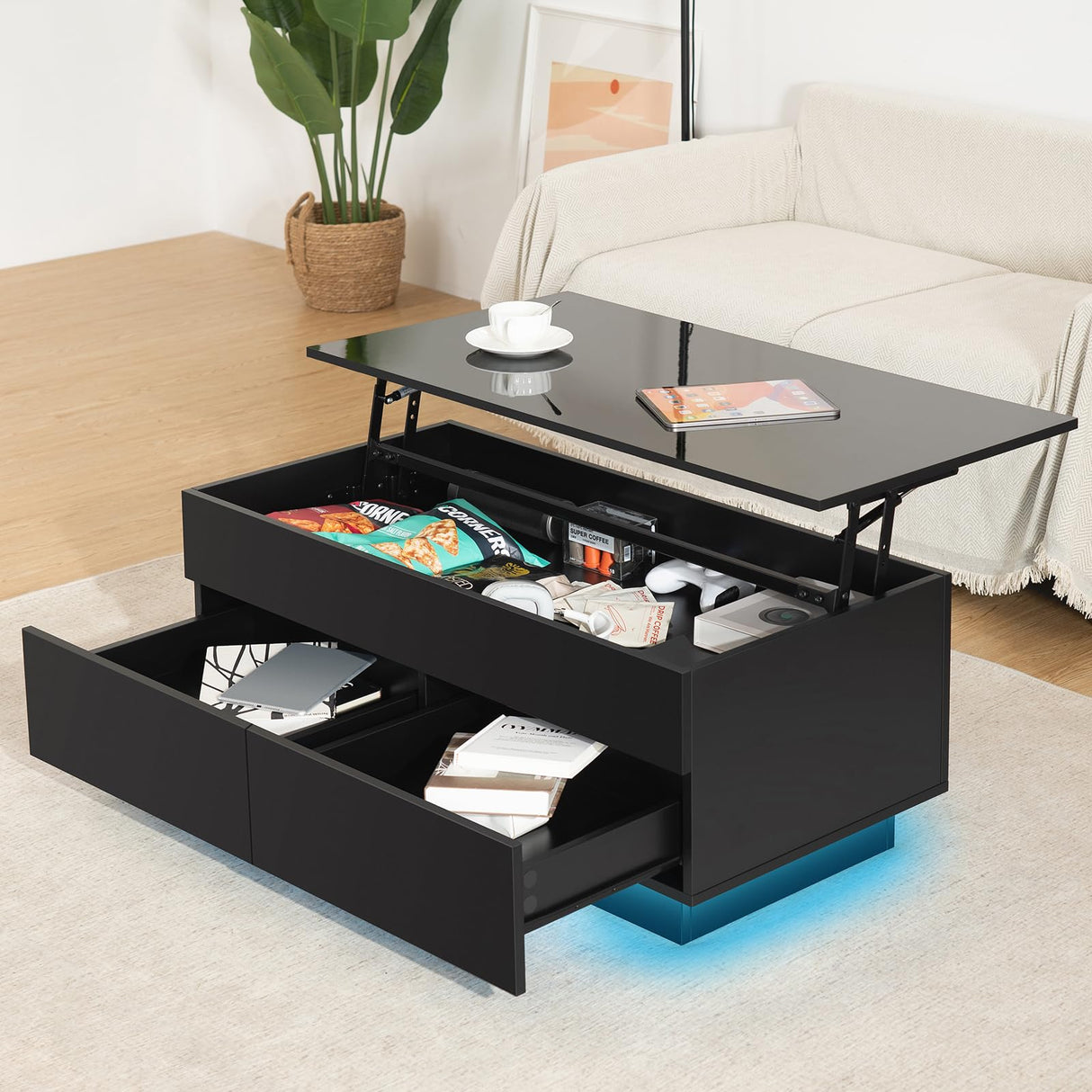 HOMMPA Lift Top Coffee Table with Hidden Storage LED Coffee Table Morden High Gloss Black Living Room 3 Tiers Modern Tea Table with Storage Center Tables Hidden Compartment & 2 Drawers HOMMPA