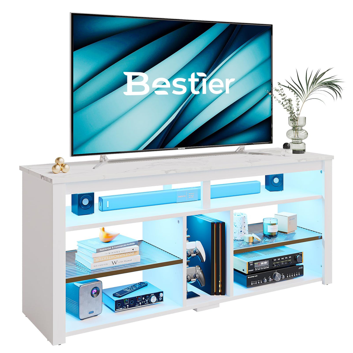 Bestier LED Tall Entertainment Center, 55 inch TV Stand for 55/60/65 inch TV, TV Console with Storage for PS5, Media TV Cabinet with Adjustable Shelf for Living Room, White Marble Bestier