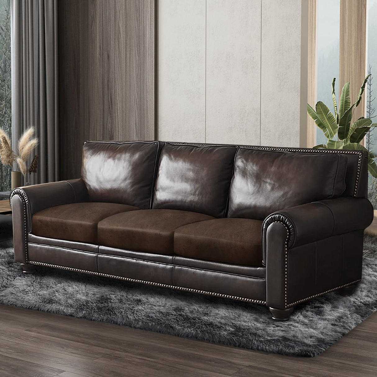 Leather Look Couch Cushion Covers Sofa Seat Slipcovers Sets Couches Furniture Protector for Sectional Armchair Loveseat Pets Kids Stretch Spandex Fabric, Machine Washable (3 Cushion Sofa, Brown) ANARACHON