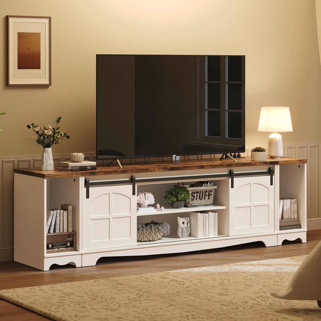 MAHANCRIS Modern Farmhouse 3 in 1 TV Stand for up to 85" TVs, 78'' Entertainment Center with Charging Station and Open Storage, 4 AC Outlets,for Living Room, Bedroom, White and Rustic Brown TVBR20E01 MAHANCRIS