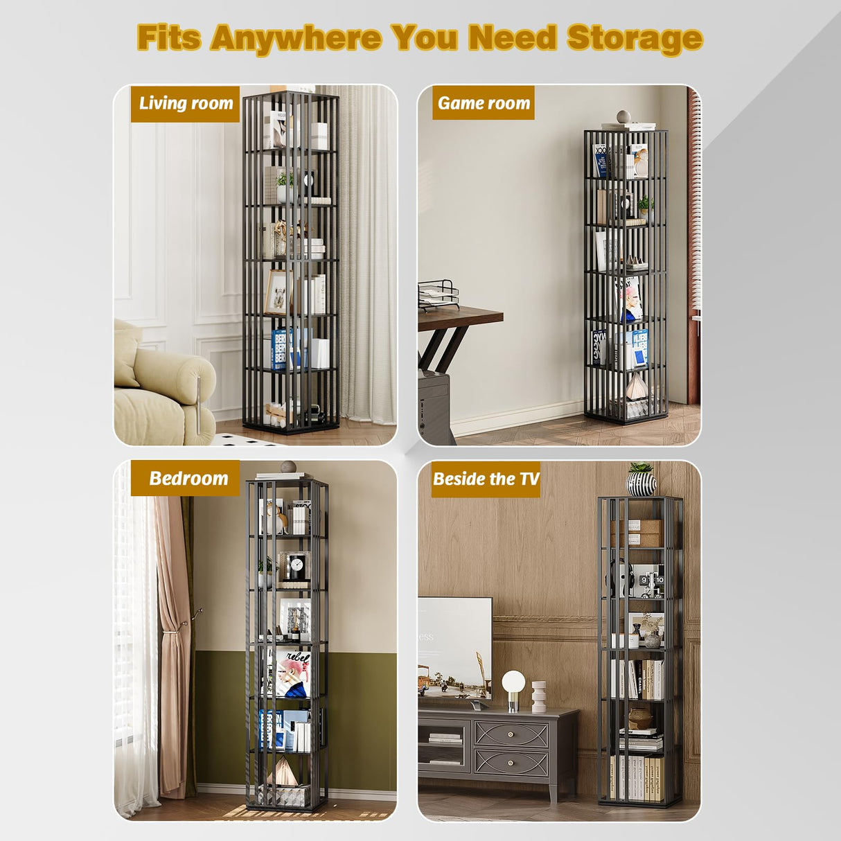 Espelism 6 Tier Rotating Bookshelf, 360° Spinning Narrow Bookcase Tower, Space Saving Floor Standing Wood Shelf & CD Organizer for Small Spaces, Bedroom, Living Room, Office (Black, 6-Tier) Espelism