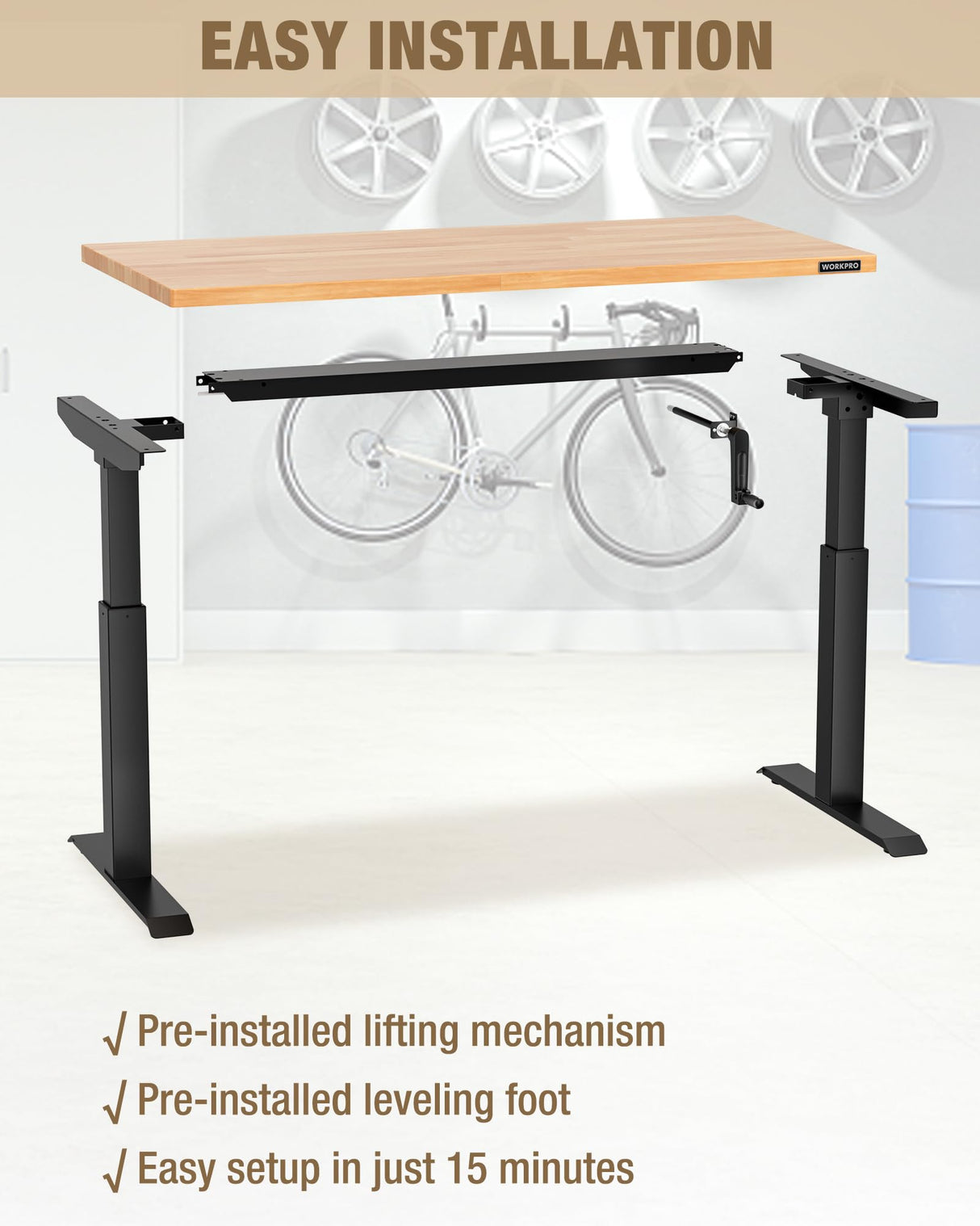 WORKPRO Adjustable Workbench with Crank Handle, 47.2" x 23.6" Rubber Wood Worktable 300LBS Load Capacity,Height-Adjustable Standing Desk for Workshop, Garage WORKPRO