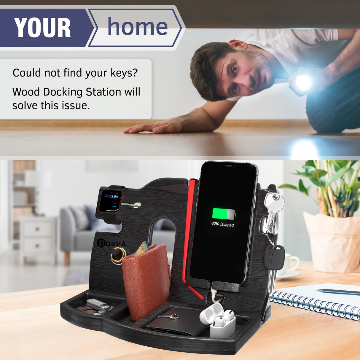 BARVA Wood Docking Station | Phone Stand & Desk Organizer | Night Stand Charging Station & Smart Watch Phone Holder | Nightstand Organizer for Men's Accessories | Ideal Gifts for Men BarvA