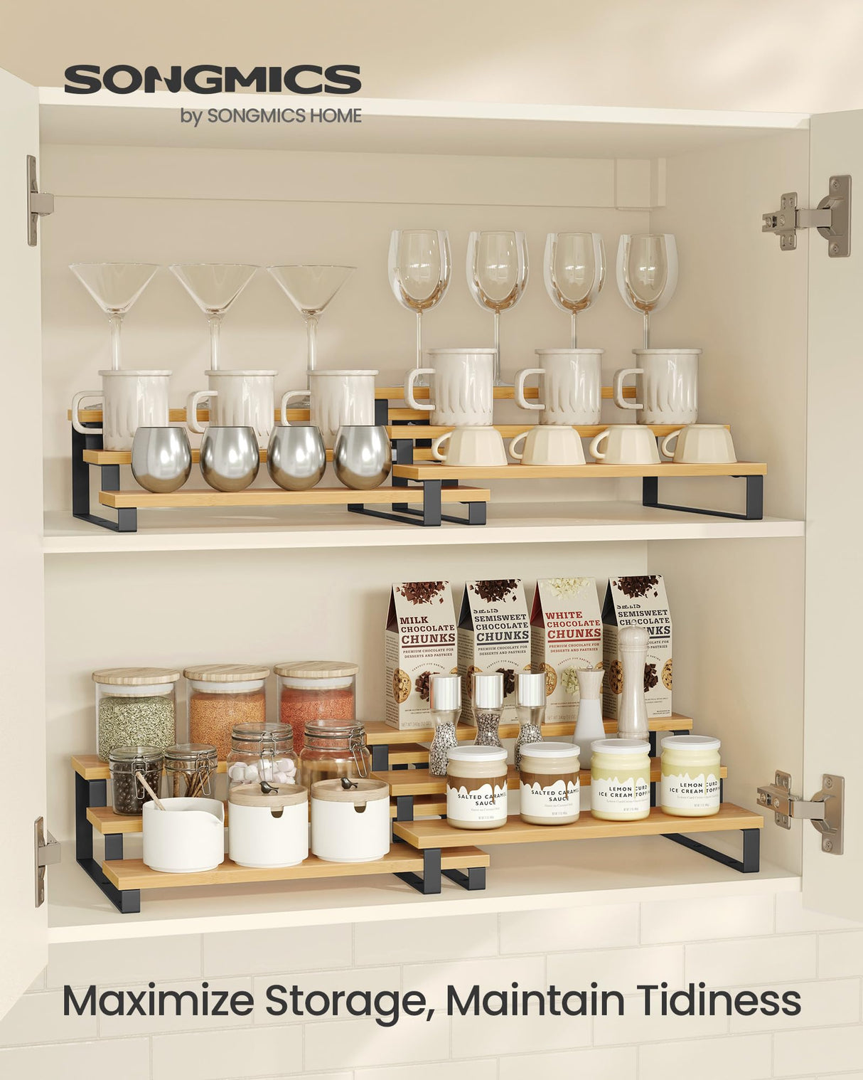 SONGMICS Display Risers, Set of 2 Engineered Wood Perfume Organizer Stand, 3-Tier Cupcake Stand Holder, Spice Rack, Shelf Risers for Figures, Dessert Shelves, Natural Beige and Ink Black UKCS016N01 SONGMICS