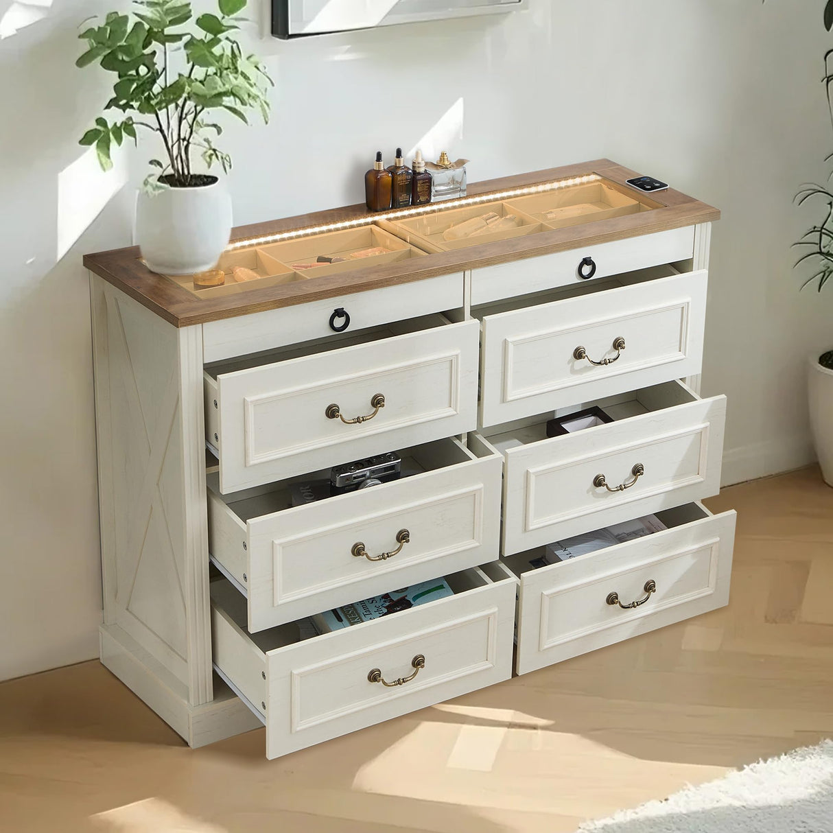 UYIHOME 8 Drawer Dresser, Farmhouse Dressers for Bedroom with Jewelry Storage on Top, White Dresser with Sensor LED Lights and USB Charging, Storage Cabinet for Living Room, Hallway, Closet UYIHOME