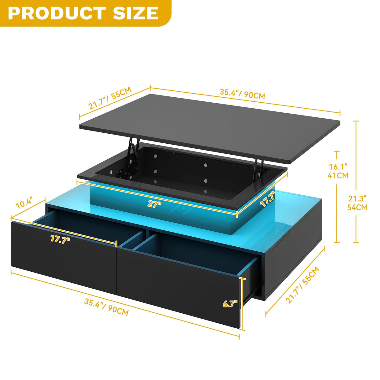DWVO LED Lift Top Coffee Tables for Living Room, Rectangular Coffee Table with 4 Spacious Drawers, Modern Center Table with Lifting Top for Home Decor, Black DWVO