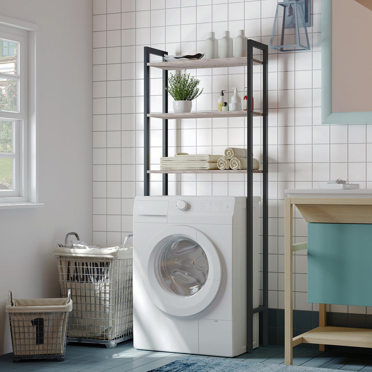 HOOBRO Over The Toilet Storage, 3-Tier Bathroom Organizer Shelf Over Toilet, Freestanding Bathroom Storage Shelves, Space Saver, Easy to Assemble for Room, Greige and Black BG41TS01 HOOBRO