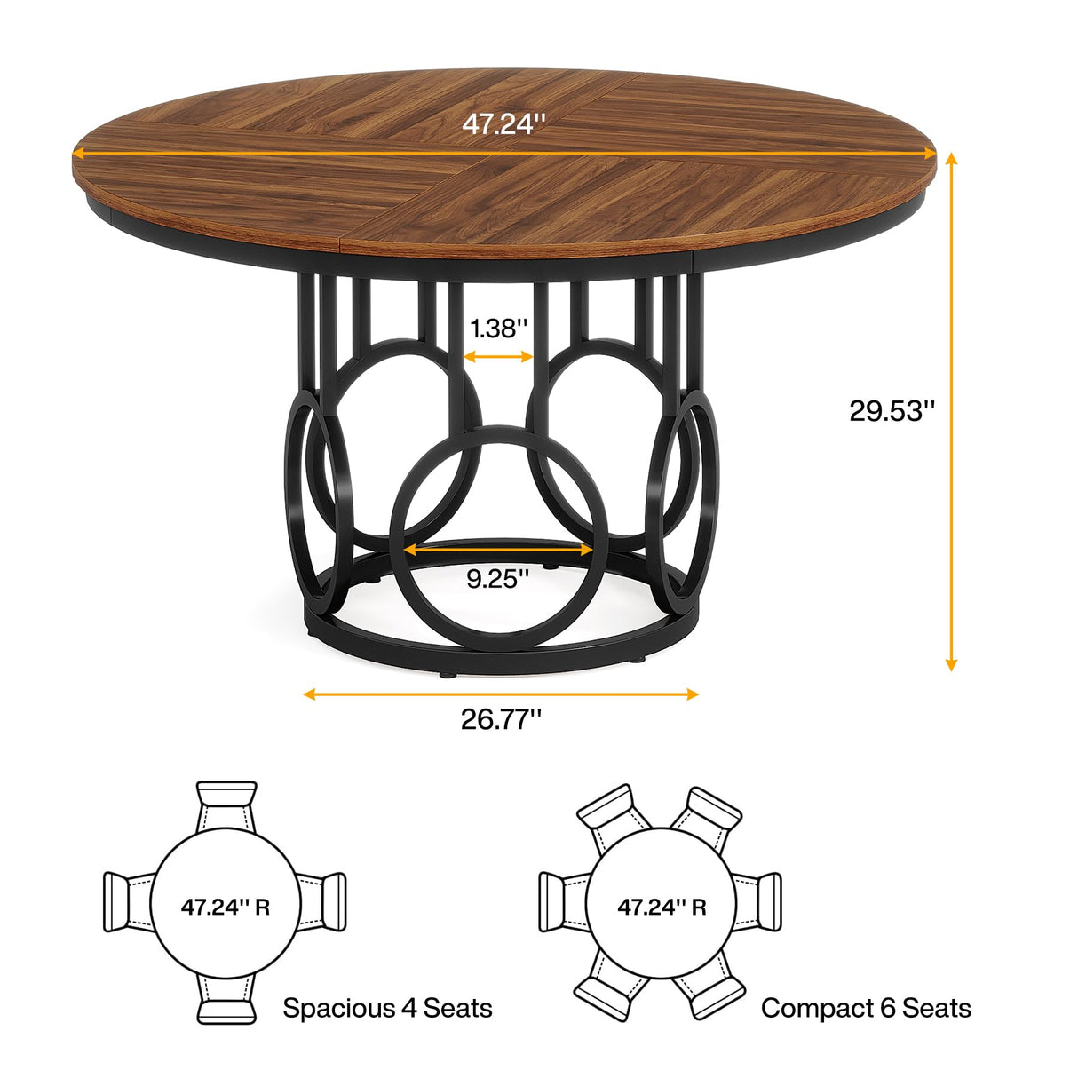 Tribesigns Round Dining Table for 4-6 People, 47-Inch Circle Kitchen Table Large Dining Room Table with Sturdy Metal Base, Wood Dinner Table for Dining Room, Kitchen, Living Room, Dark Walnut & Black Tribesigns
