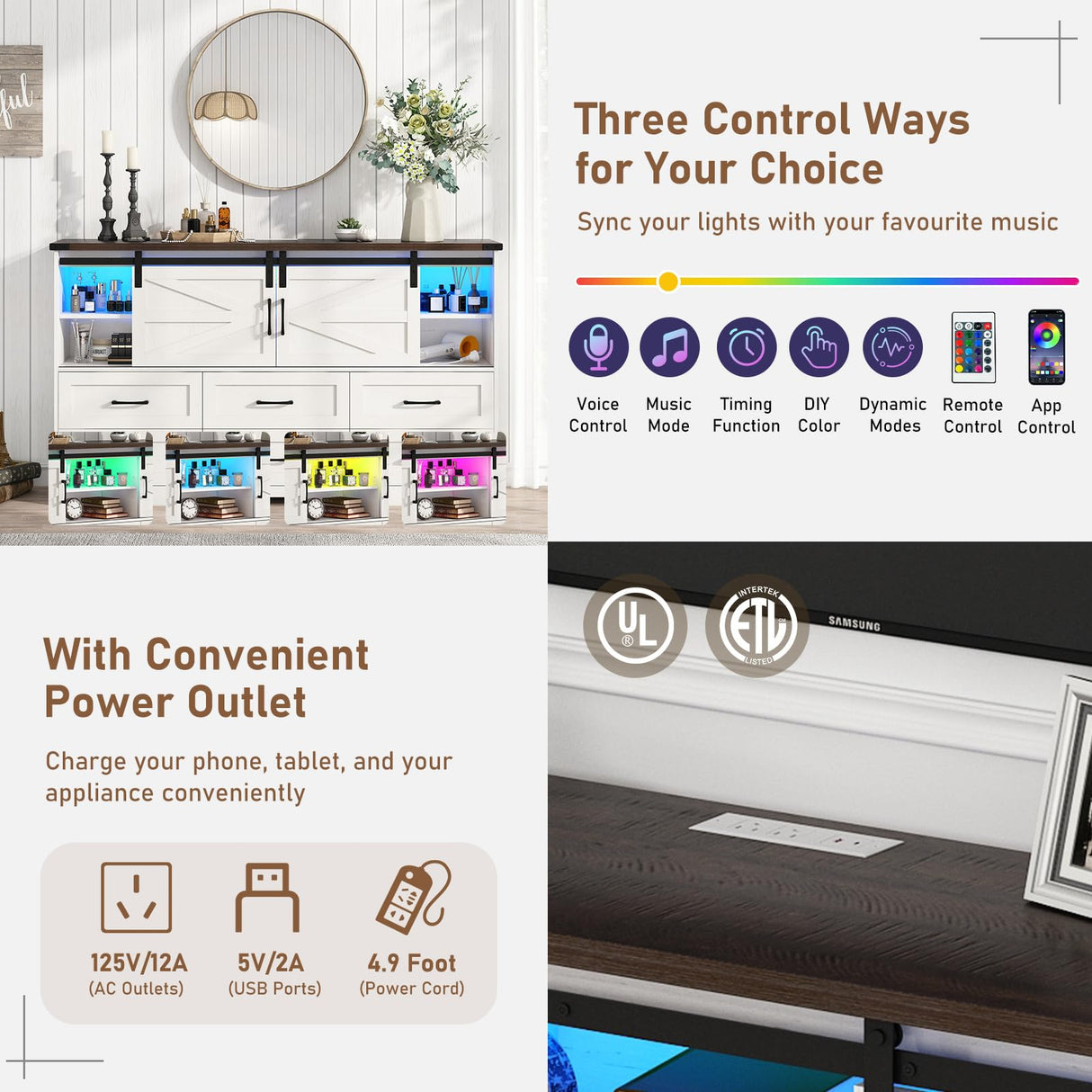 63" Farmhouse Dresser w/6 Drawers,60000-color Led Lights,Outlet, Large Chest of Drawers w/Sliding Barn Doors,Adjust Shelves,White Dresser TV Stand for 65/70in TV for Bedroom, Living Room chartustriable