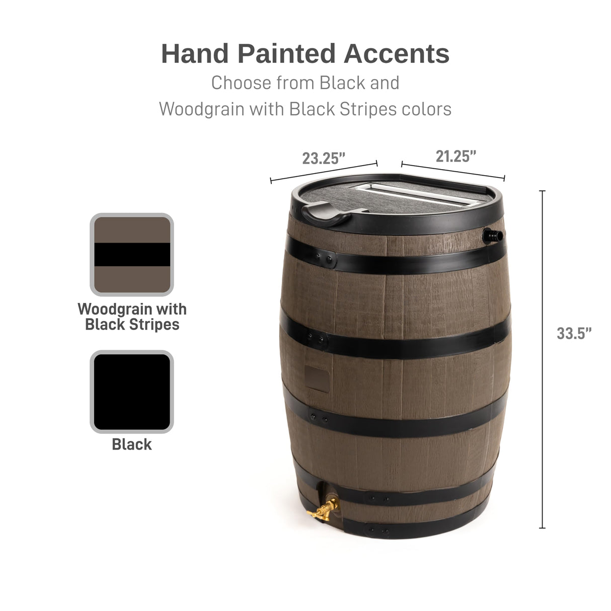 RTS Home Accents Premium 55-Gallon Rain Barrel with Removable Lid, Flat Back Rain Water Collection Barrel, Woodgrain with Black Stripes RTS Home Acents
