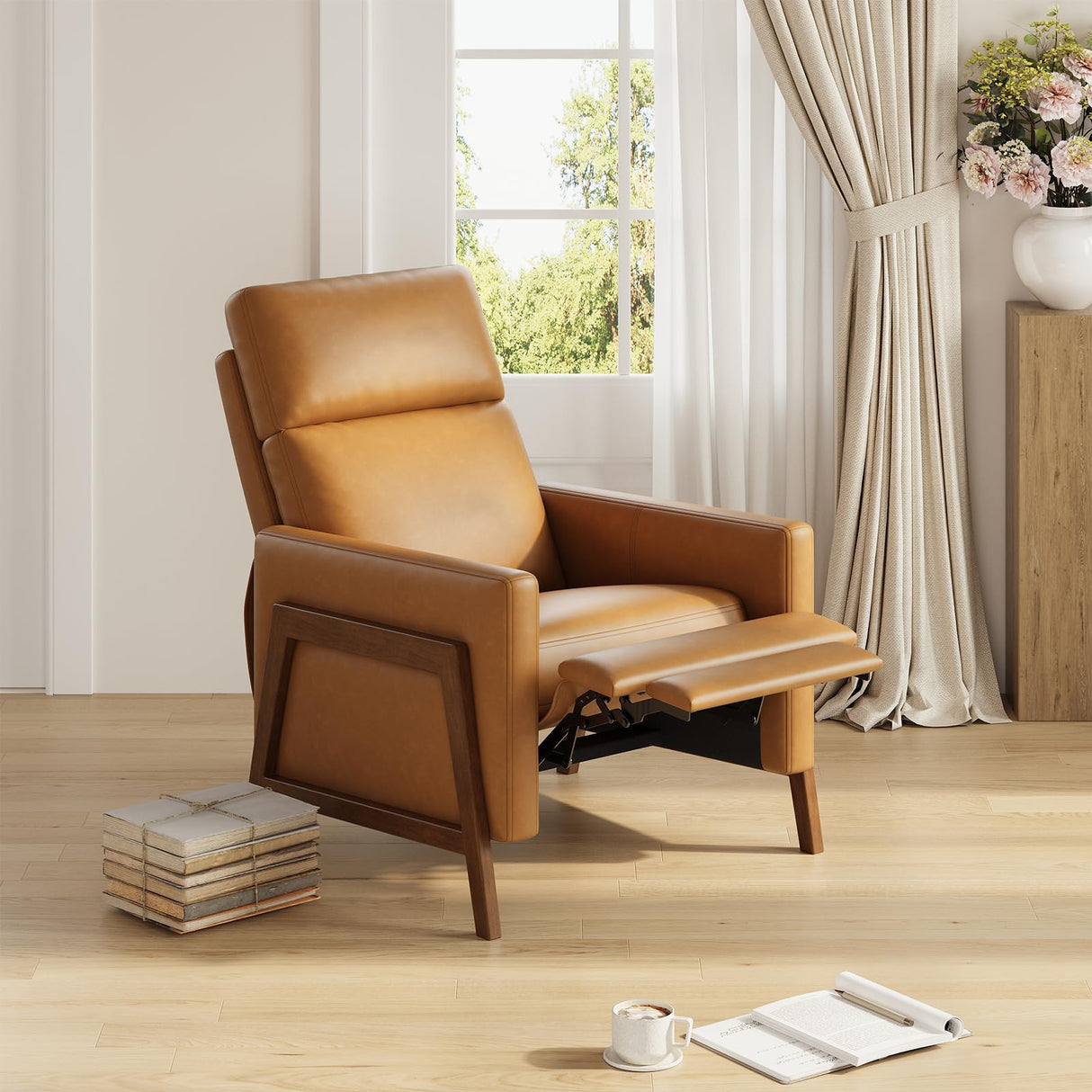 COLAMY Push Back Recliner Chair Set of 2, Upholstered Leather Recliner with Footrest 105-135 Degree Adjustable, Comfy Modern Wingback Recliner for Living Room, Bedroom,Small Spaces, Camel COLAMY