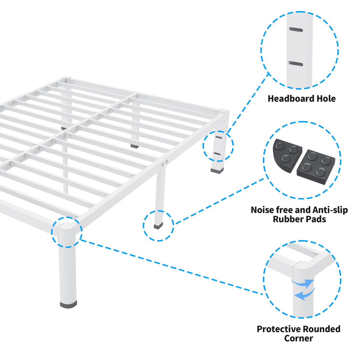 ROIL 14 Inch White Queen Bed Frame with Rounded Corner and Headboard Hole Mattress Retainers 3500LBS Heavy Duty Steel Slats No Box Spring Needed Platform Noise-Free Easy Assembly ROIL