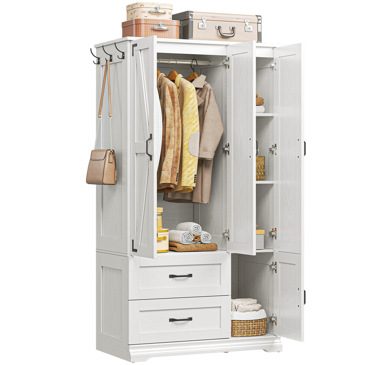 LIKIMIO Armoire Wardrobe Closet 71" H, Bedroom Wooden Wardrobe with 4 Doors and 2 Drawers, Farmhouse Clothing Storage Cabinet Combination with Hanging Rod, Shelves, and Hooks, White LIKIMIO