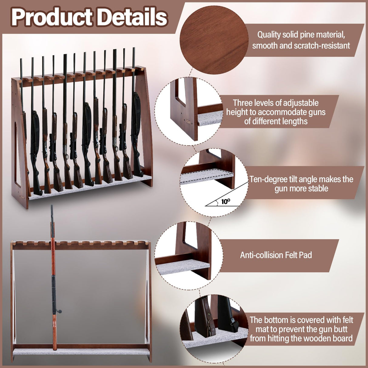 Yousoontic Indoor Gun Racks Freestanding Rifle Racks Gun Display Stand with Soft Padding Safe Heavy Duty Gun Storage for Cabinet Holder Accessories (Walnut,46.9 x 31.1 x 10.6 Inches) Yousoontic
