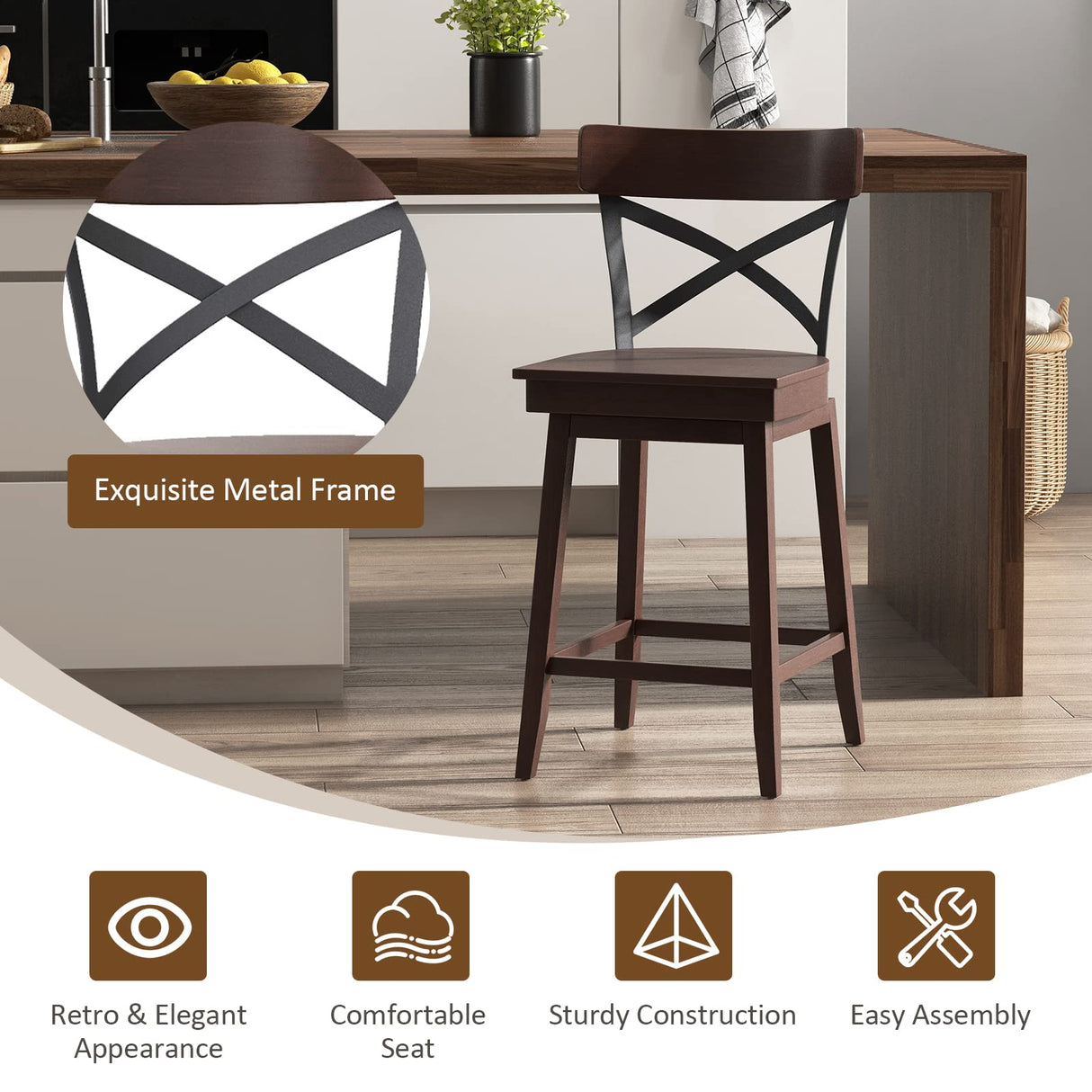 COSTWAY Swivel Bar Stool Set of 2, 24 Inch Ergonomic Counter Height Chairs with Open X Back & Footrest, 2PCS Vintage Wooden Barstools for Kitchen COSTWAY