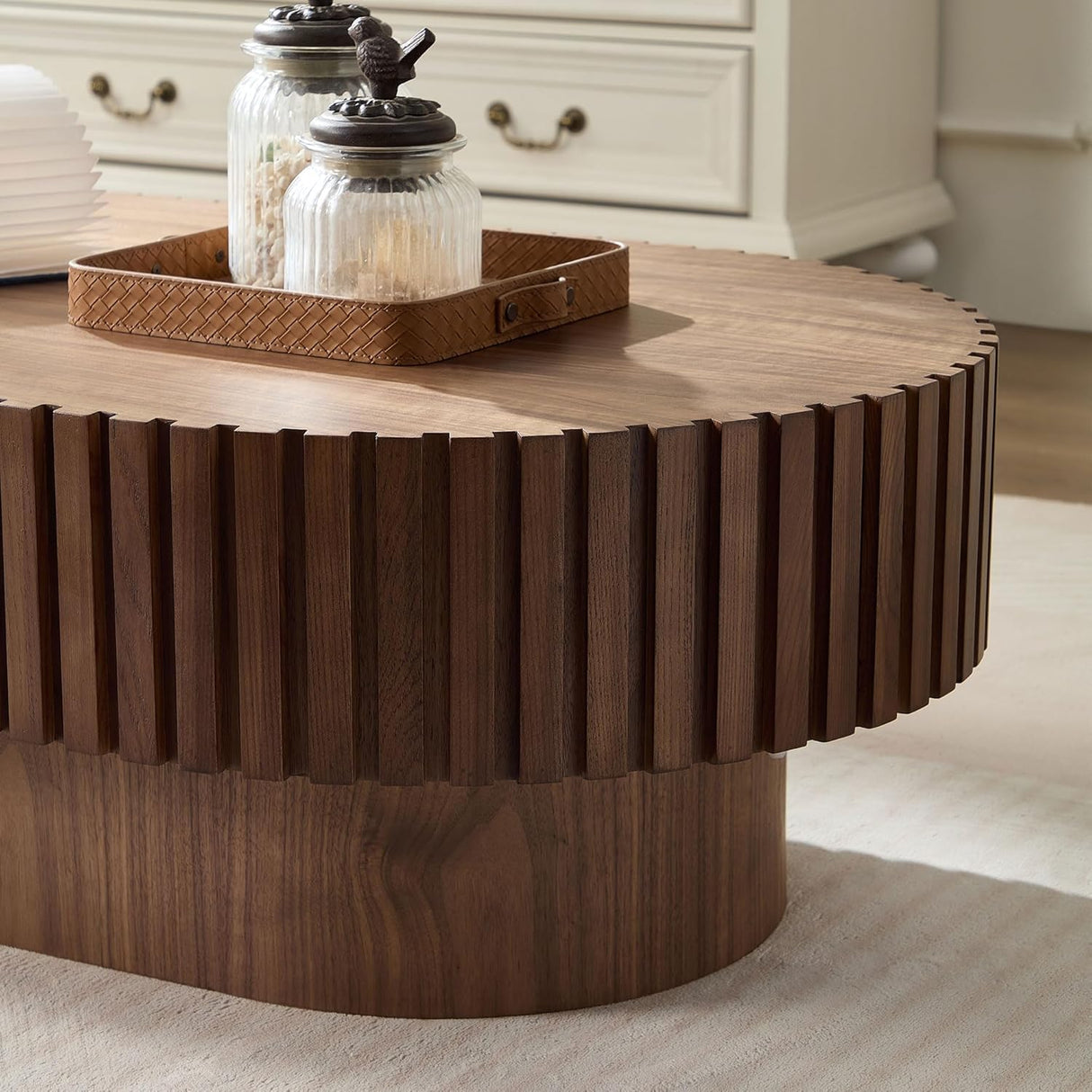 SPMETUYO Oval Coffee Table for Living Room Fluted Coffee Table with Pedestal Modern Handcrafted Wood Centre Table Tea Table Home Furniture Office Apartment Easy Assembly 43.7" Walnut SPMETUYO