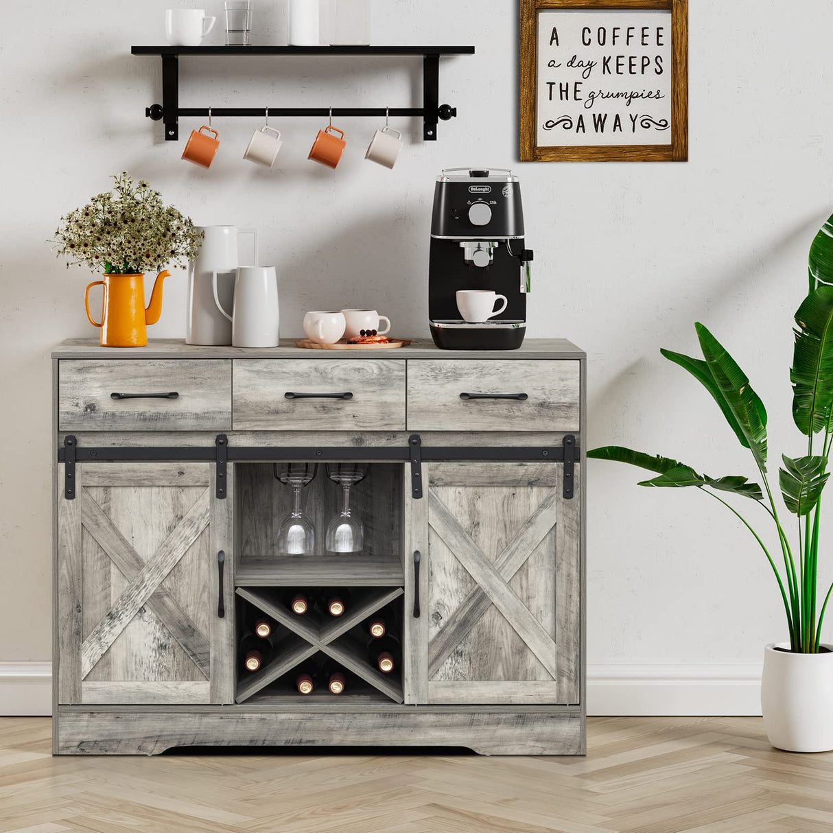Chic Grey Farmhouse Wine Cabinet and Coffee Bar with Sliding Barn Doors and Ample Storage WoodArtSupply