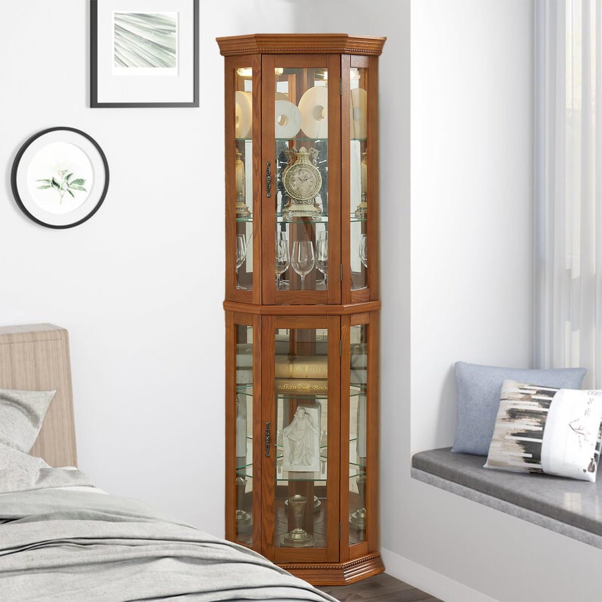 Yayzy Lighted Corner Display Curio Cabinet Wooden Curved Shelving Unit with Tempered Glass Door, Bar and Liquor Storage Area with 6 Shelves (Corner Shape, Oak) Yayzy