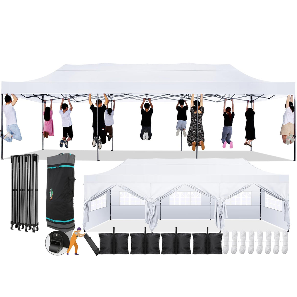 COBIZI 10x30 Pop Up Canopy with 8 Sidewall,Heavy Duty Canopy UPF 50+ All Season Wind Waterproof Commercial Outdoor Wedding Party Tents for Parties Canopy Gazebo with Roller Bag(10 x 30 ft White) COBIZI