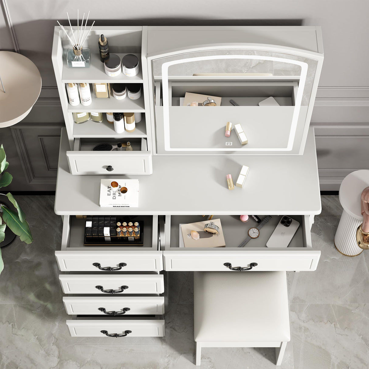 Leavader Vanity Desk Set with Lighted Mirror and Stool, Makeup Table with Sliding LED Lighted Mirror-3 Color Models, Makeup Desk with 6 Drawers & Shelves & Cushion Stool, Dressing Table for Home Apt Leavader