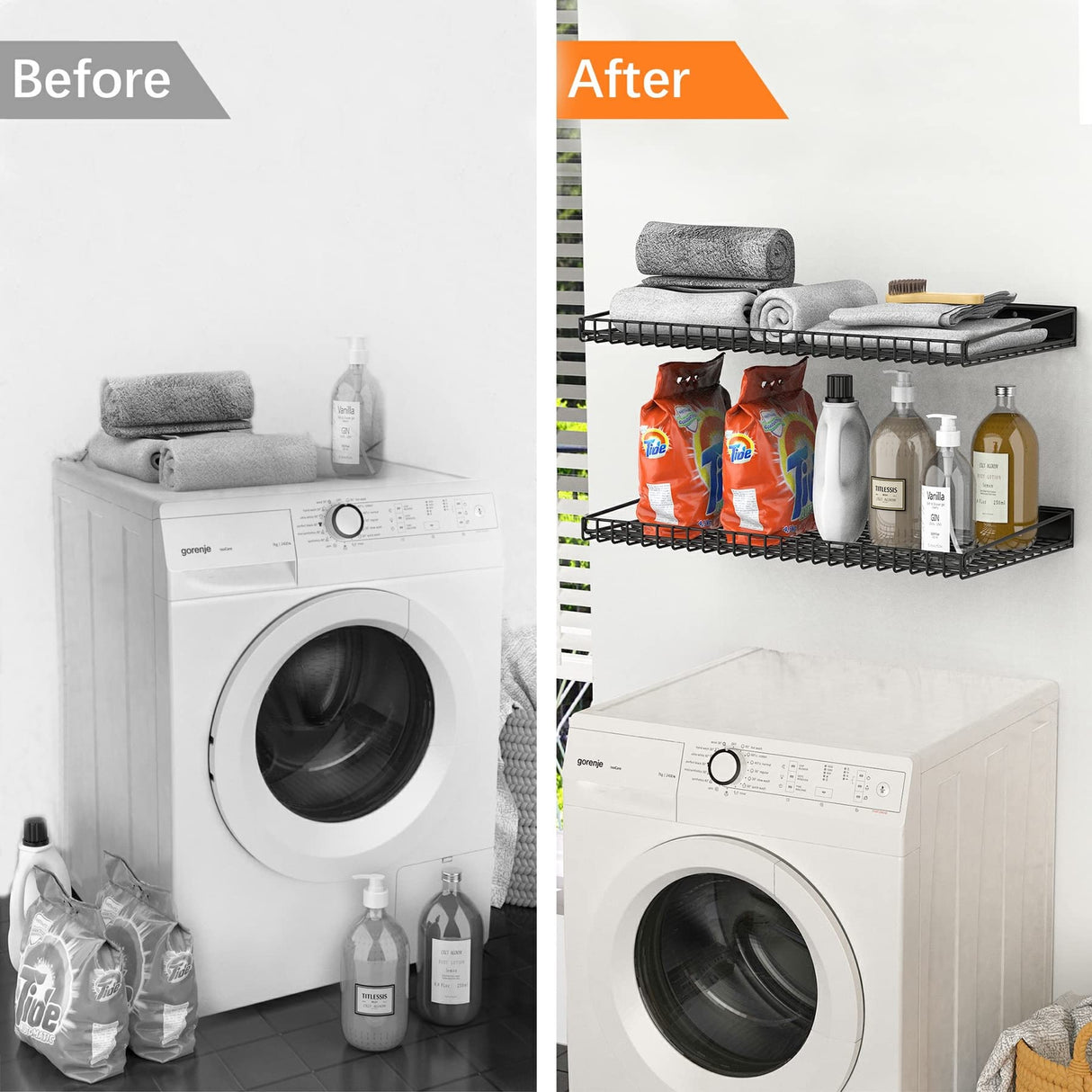 WALMANN Garage Wall Shelf, 4 Wall Mounted Storage Shelves for Garage, Closet, Laundry Room, Heavy Duty Wall Shelving, Holds Up to 65 Lbs(Black, 4 Shelves) WALMANN