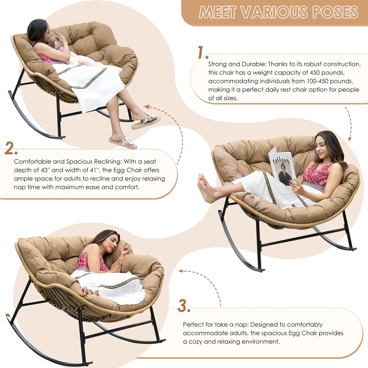 RADIATA Rocking Egg Chair with Thicken Cushion, Indoor Outdoor Oversized Rocker Lounge Chair, Water Resistant Cushion Cover, Metal Frame 450 lbs Weight Capacity, for Patio, Porch, Garden, Bedroom RADIATA